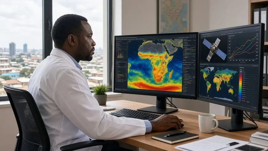 Analyst studying climate data maps on two monitors