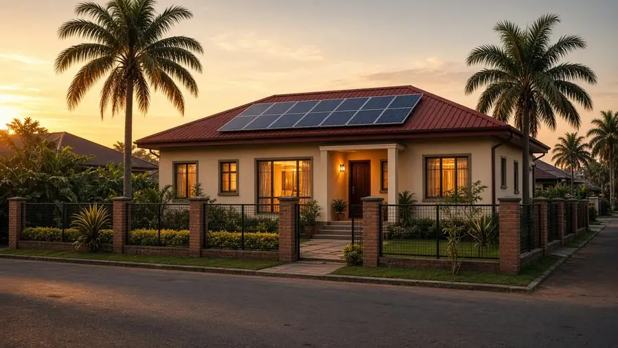 Family home with solar panels on the roof at sunset