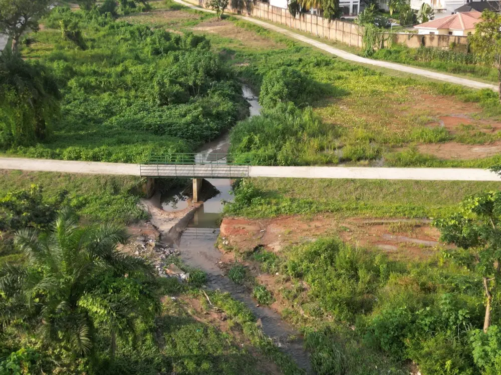 Aerial view of a stream crossing with a bridge and natural vegetation preserved