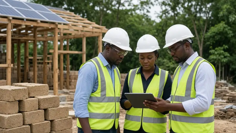Three engineers reviewing plans on a building site with clay bricks and a solar roof frame