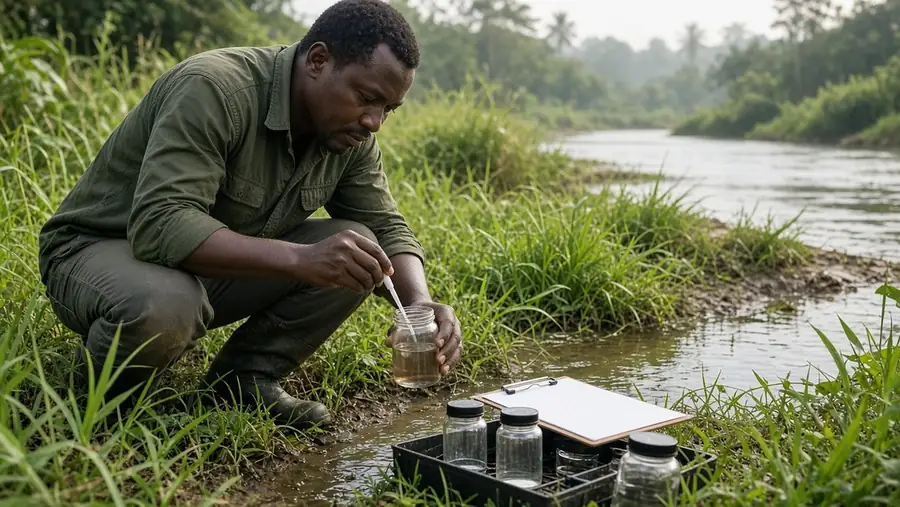 Field scientist taking a water sample from a river