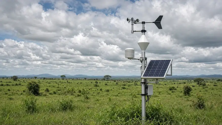 Solar-powered weather station on open grassland