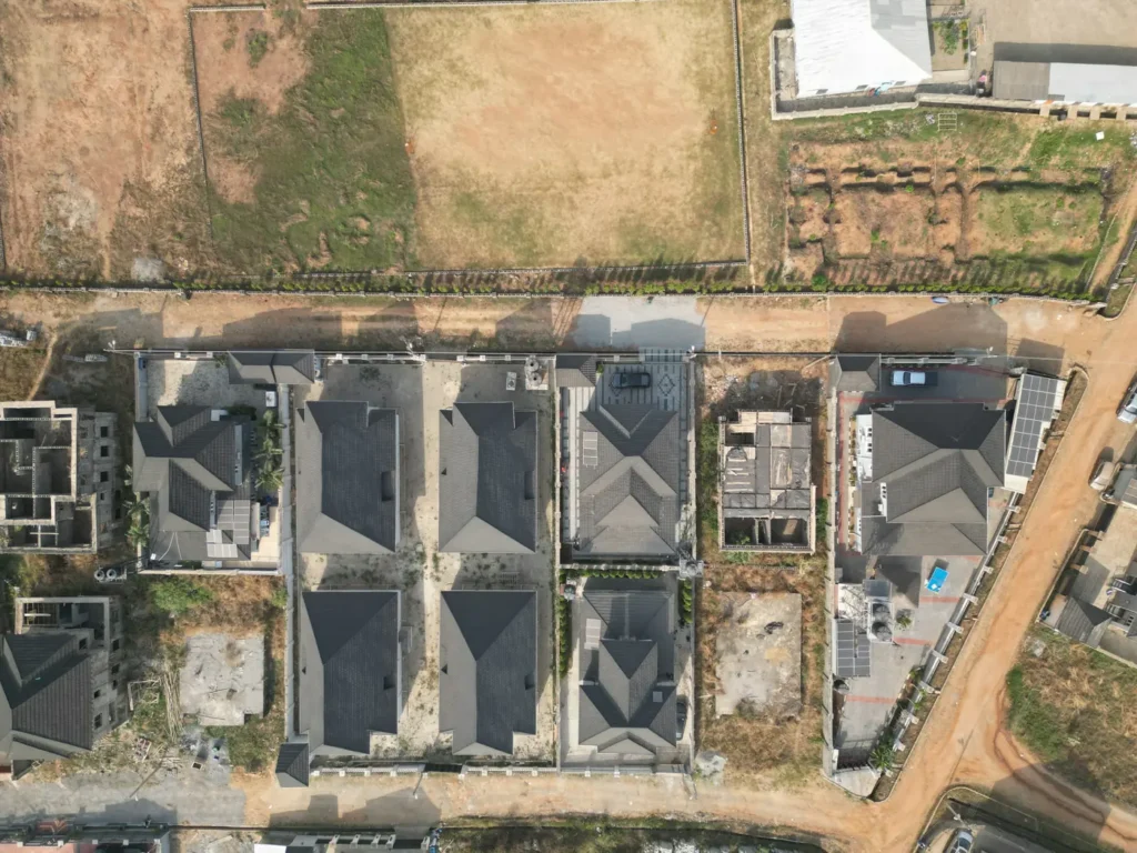 Aerial view of newly built homes and access roads in an estate