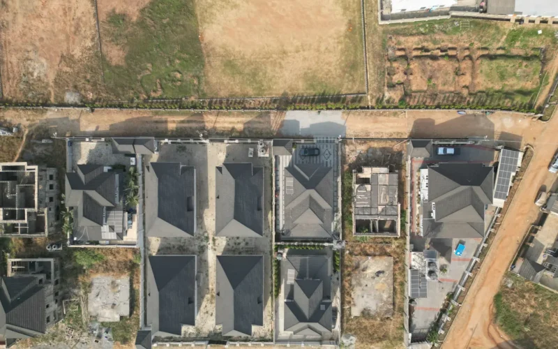 Aerial view of newly built homes and access roads in an estate