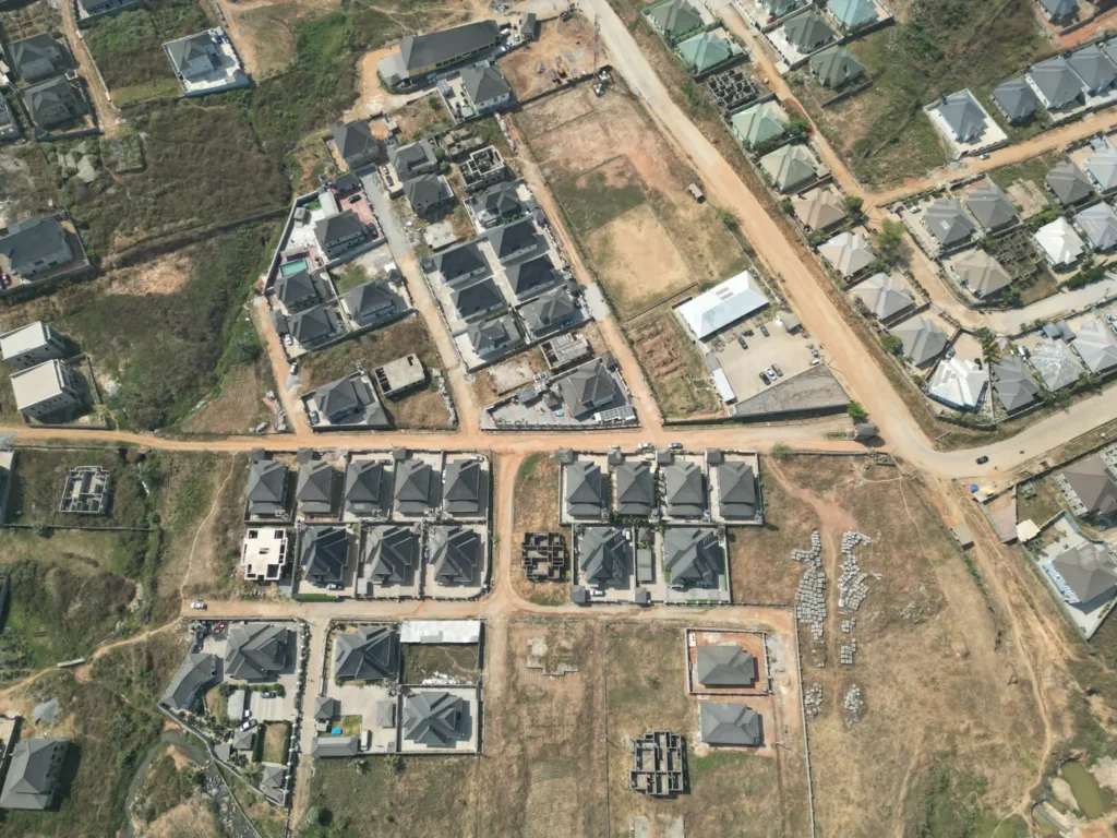 Aerial view of estate roads and houses in Pyakasa, Abuja