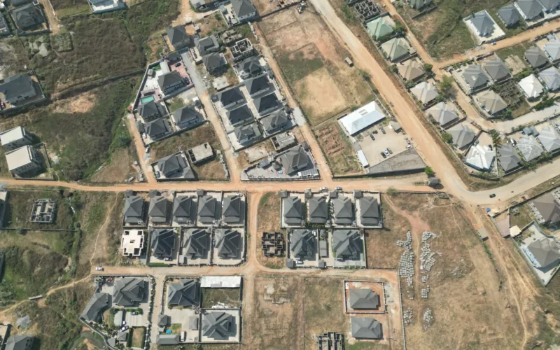 Aerial view of estate roads and houses in Pyakasa, Abuja