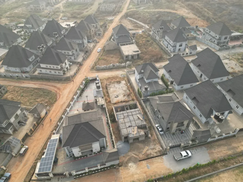 Rooftop solar panels on a home in an estate