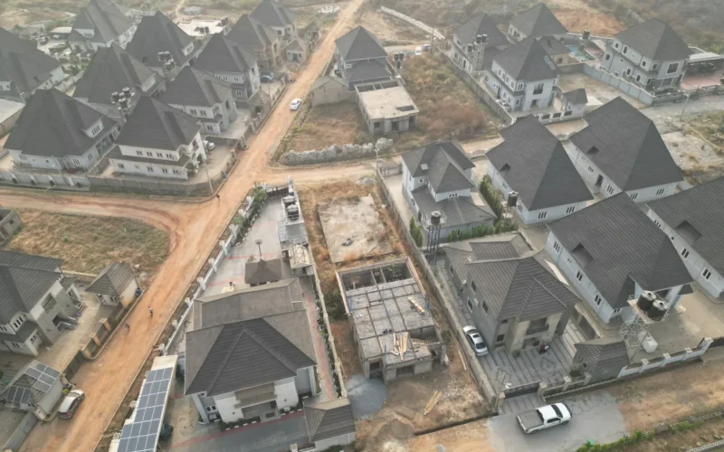 Rooftop solar panels on a home in an estate