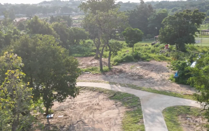 Trees and open ground beside a path in a park in Abuja